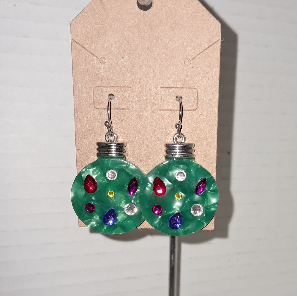 Green Acrylic Dangle Multi Color Christmas Ball Earrings